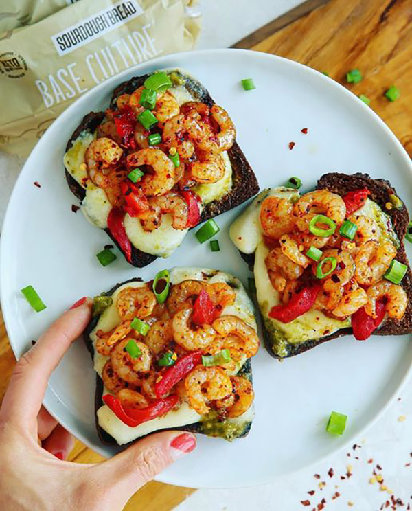 Open-Faced Pesto, Mozzarella and Spicy Shrimp "Grilled Cheese" Sourdou - BaseCulture