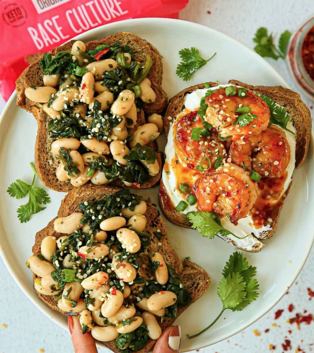 Whipped Feta & Honey-Garlic Shrimp and Marinated Garlic White Bean & Spinach Savory Toasts