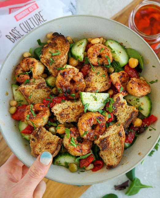 Grain-Free Shrimp Panzanella Salad with Roasted Red Peppers and Balsamic Dressing