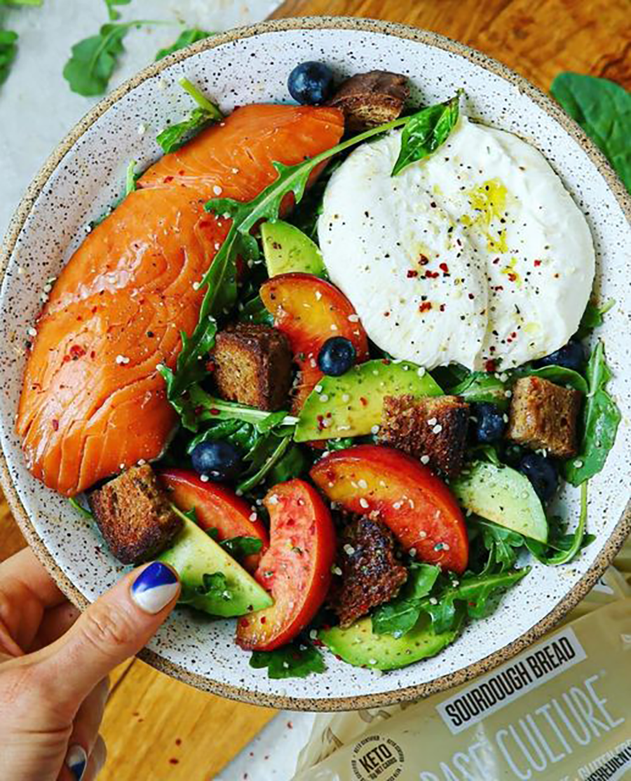 Smoked Salmon, Burrata, Summer Fruit and Garlicky Sourdough Croutons